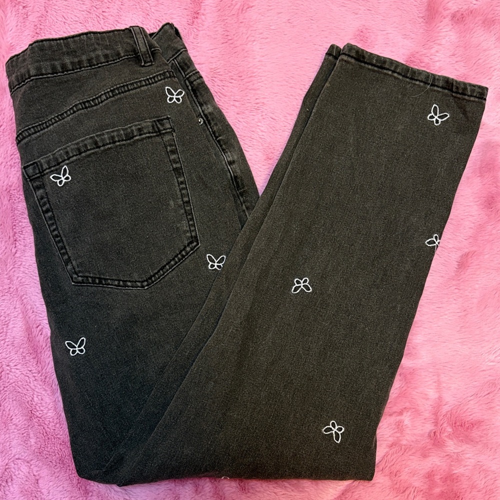 Angel Kiss Mom Jeans Black Jeans with White Butterfly Embroidery
